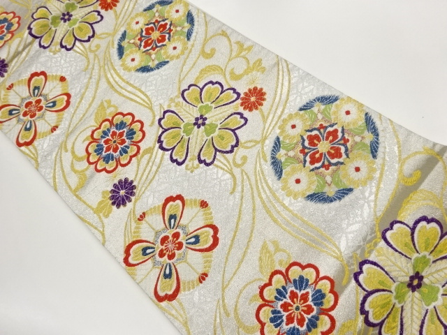 JAPANESE KIMONO / FUKURO OBI / SILK / WOVEN FLORAL CREST & FLORAL ARABESQUE